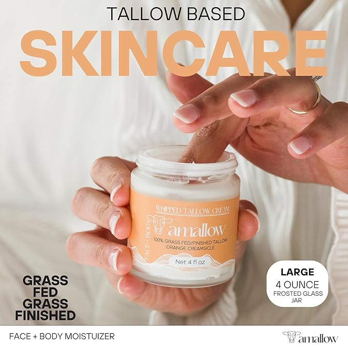Amallow 100% Grass Fed Beef Tallow for Skin Care - Face + Body - Whipped Moisturizer - Natural Lotion, 4 FL. oz. (Orange Creamsicle)-VivaGrace Women