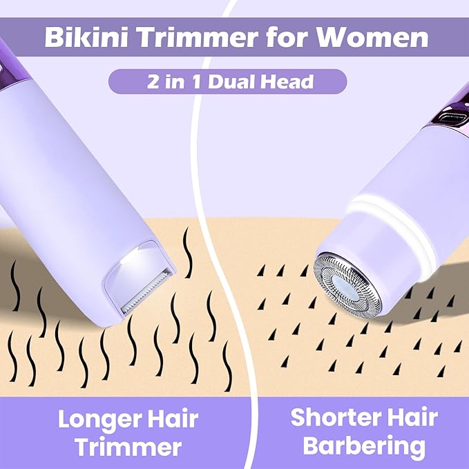 Bikini Trimmer for Women, Glow Aura Womens Shaver, Quiet Dual Head Waterproof Cordless Rechargeable Painless Trimmer for Underarms, Legs, Body (Purple)-VivaGrace Women