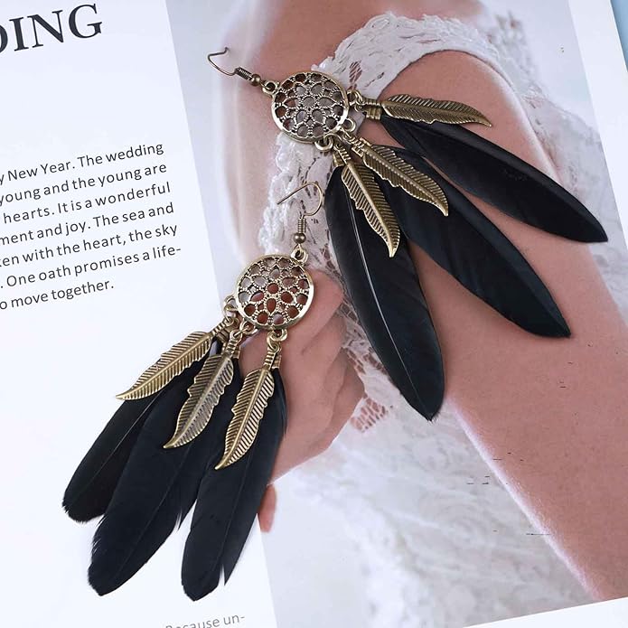 Boho Black Feather Dangle Earrings Long Feather Tassel Earrings Vintage Tribal Feather Earrings Gold Feather Drop Earrings Jewelry for Women-VivaGrace Women