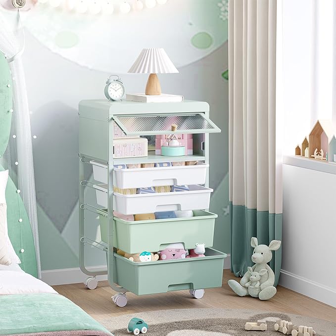 Utility-Rolling-Storage-Drawer-Craft-Cart-Organizers with 4 Drawers & Dust-proof Door for Kid Craft Art Room,Bedroom,Home Office, 4 Tiers Drawer cart, Green-VivaGrace Women