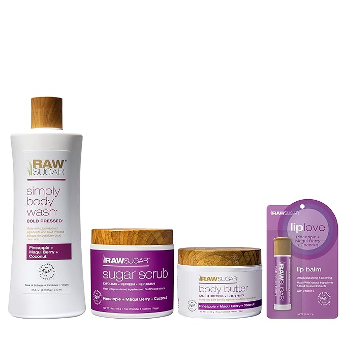 Raw Sugar Pineapple + Coconut + Maqui Berry Body Love Bundle - Body Wash, Body Scrub, Body Butter & Lip Balm, Clean, Made with Plant-Derived Ingredients, Formulated without Sulfates and Parabens-VivaGrace Women