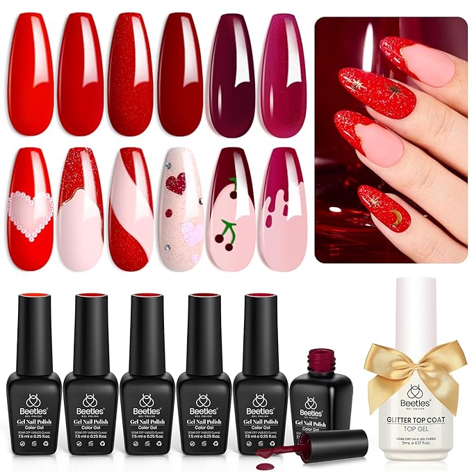 Beetles Red Gel Nail Polish Set with Top Coat, 6 Colors Popular Shimmer Red Burgundy Gel Polish Kit Nail Art Design Soak Off Uv LED Minicure DIY Home Gifts for Women-VivaGrace Women