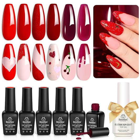 Beetles Red Gel Nail Polish Set with Top Coat, 6 Colors Popular Shimmer Red Burgundy Gel Polish Kit Nail Art Design Soak Off Uv LED Minicure DIY Home Gifts for Women-VivaGrace Women