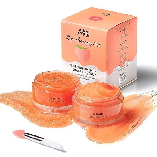 ANAI RUI Lip Balm Mask & Lip Scrub Set, Lip Care Kit, Overnight Lip Treatment with Lip Sleeping Mask & Sugar Lip Exfoliator Scrub, Lip Moisturizer for Dry, Chapped, Dark Lips, Reduce Fine Lines, Peach-VivaGrace Women