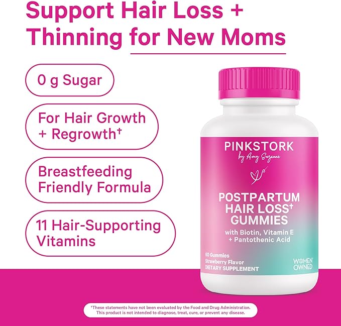 Pink Stork Postpartum Hair Loss Gummies - Biotin with Vitamin E, Pantothenic Acid, B6 & B12 for Beautiful & Strong Hair, Skin, and Nails - Postpartum Essentials for New Moms - 60 Gummy Vitamins-VivaGrace Women