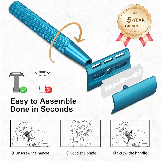 Double Edge Safety Razor, Single Blade Razors for Men and Women, with 10 Stainless Steel Safety Razor Blades, Smooth and Close Wet Shaving, Plastic Free, Blue-VivaGrace Women