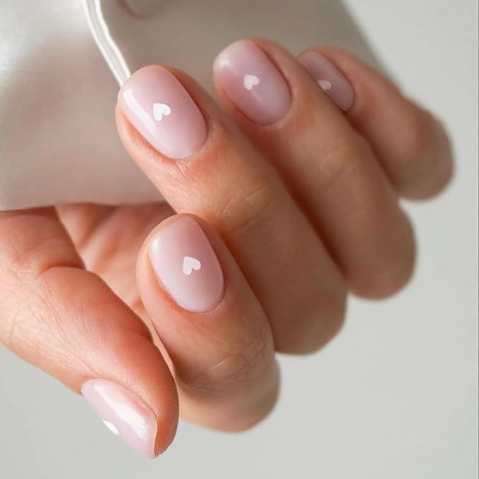 Press On Nails Squoval - Pink & White Heart Fake Nails Short Full Cover Acrylic Glue on Nails in 12 Sizes - 24 Piece Nail Kit，Natural Fit for Women & Girls Daily Wear