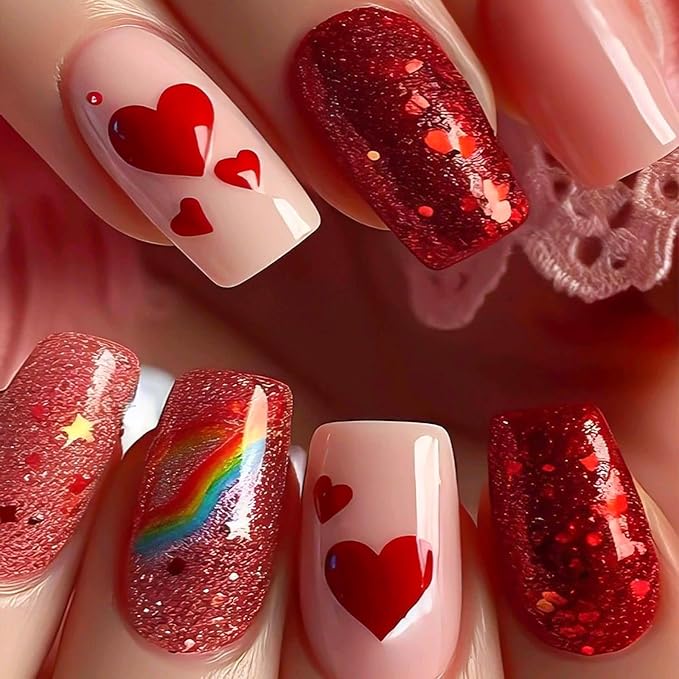 Medium Press on Nails Coffin Fake Nails Red Glitter False Nails with Heart Designs Rainbow Ombre Glue on Nails Sparkly Artificial Nails Cute Stick on Nails for Women 24Pcs