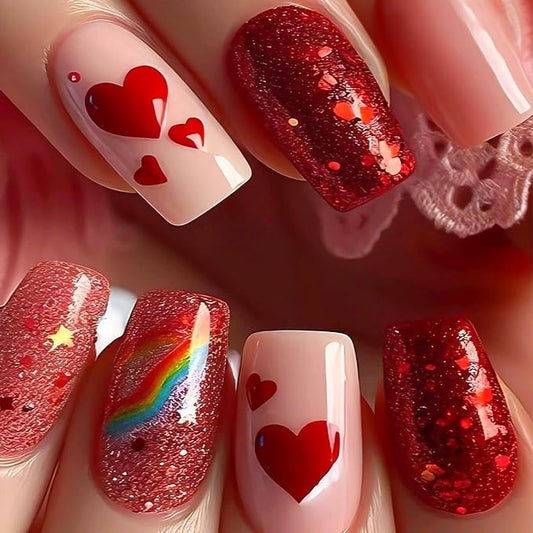 Medium Press on Nails Coffin Fake Nails Red Glitter False Nails with Heart Designs Rainbow Ombre Glue on Nails Sparkly Artificial Nails Cute Stick on Nails for Women 24Pcs