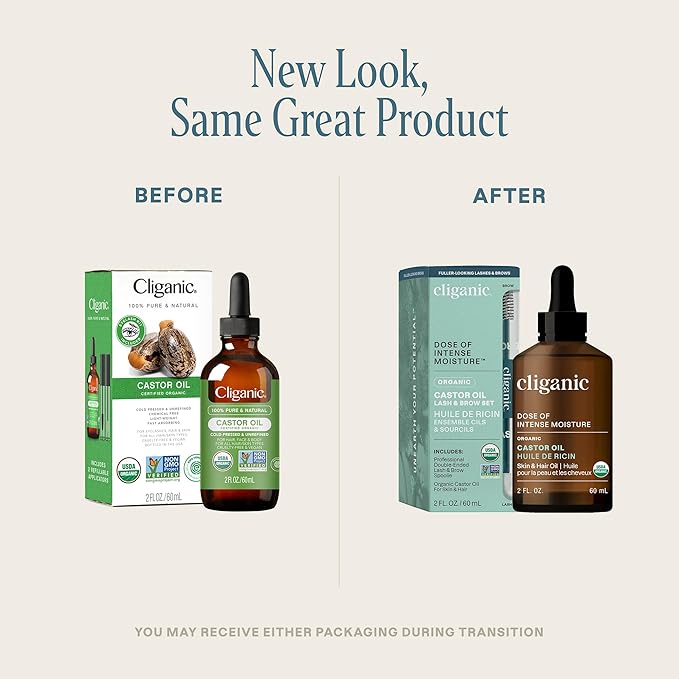 Cliganic Organic Castor Oil, 100% Pure (2oz Glass Bottle with Eyelash Kit) - For Eyelashes, Eyebrows, Hair & Skin (Packaging May Vary)-VivaGrace Women