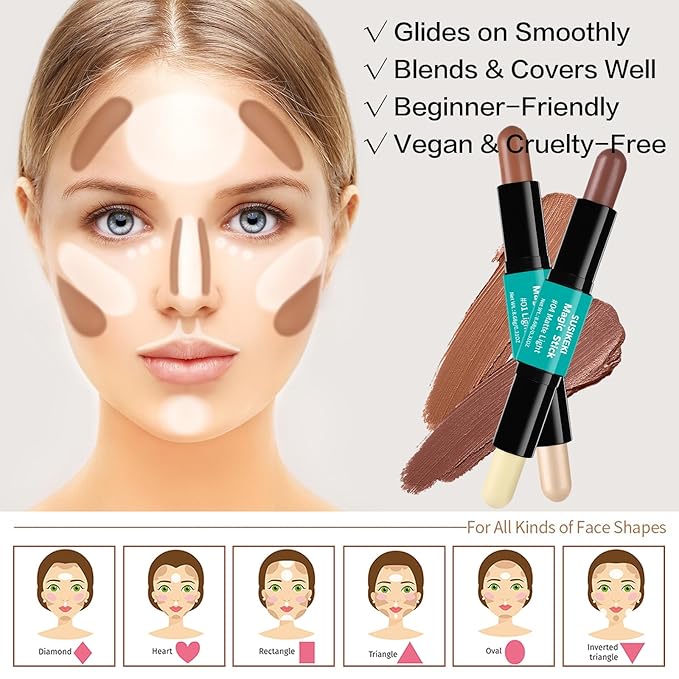 Contour Stick, 2Pcs Dual-Ended Highlighter Makeup Pen & Contouring Stick for Face Shaping, Long Lasting Waterproof Cream Bronzer & Highlight Sticks Make Up Kit for All Skin Tones (01# + 04#)-VivaGrace Women