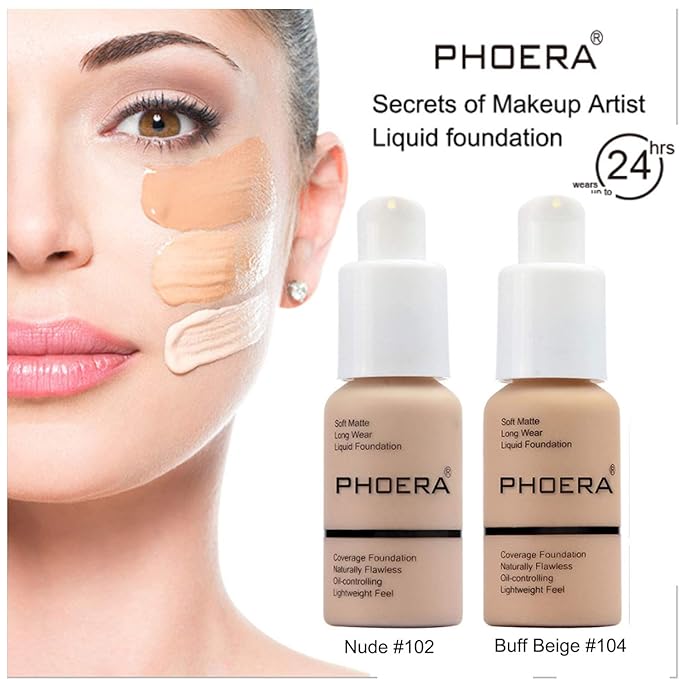 2 Pcs Phoera Foundation Makeup 102 and 104 Liquid Full Coverage 24HR Matte Oil Control Foundation Makeup Concealer (Nude & Buff Beige) with Kabuki Foundation Brush Flat Top-VivaGrace Women