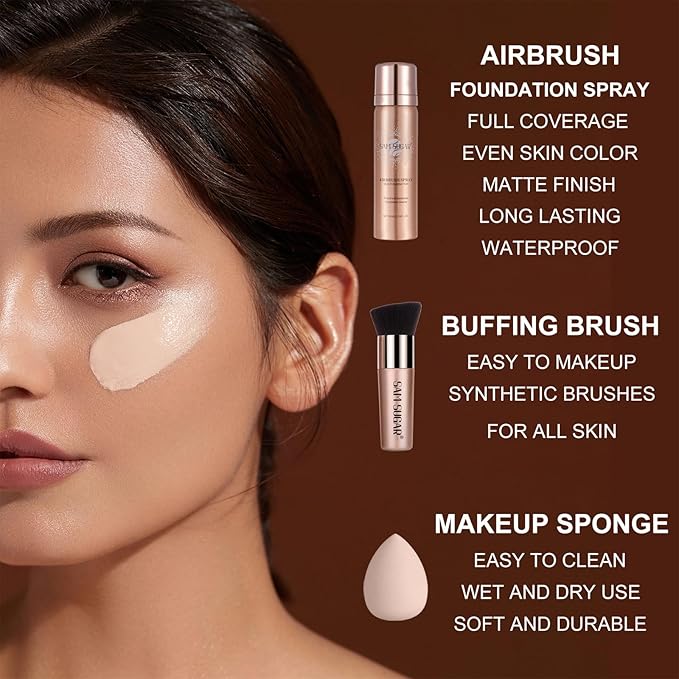 AirBrush Foundation Spray Set, Spray Foundation Makeup and Hydrating Face Primer Kit, Longwear Waterproof Liquid Matte Foundation Mist for Flawless Look, Brush and Sponge Include (#4 Warm Beige)-VivaGrace Women