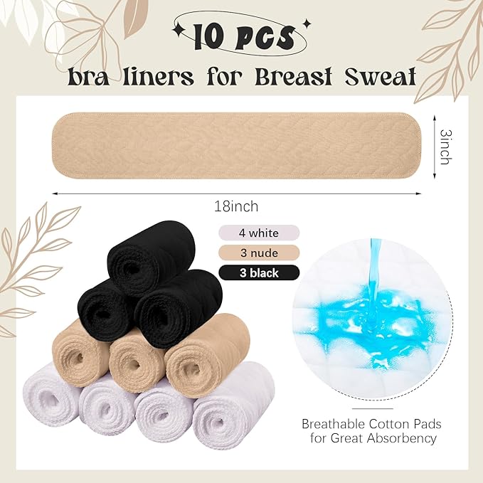 Toulite 10 Pcs Cotton Bra Liners 3 Layer Rectangle Under Bra Pads Sweat Liners for Women Sweating Supplies-VivaGrace Women