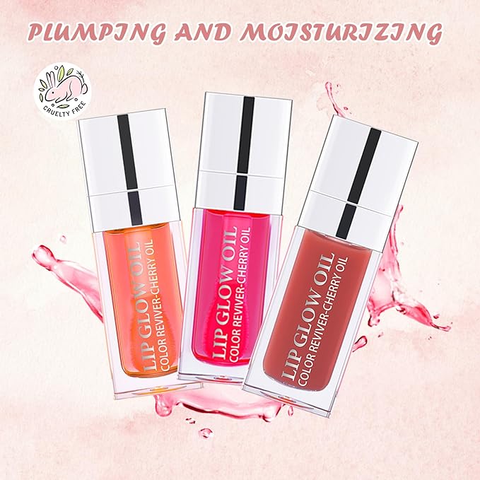 3PCS Lip Oil Set, Hydrating Lip Glow Oil Lip Plumper Gloss, Tinted Lip Oils Transparent Long Lasting Non-sticky Lip Gloss, Plumping Lip Gloss Lip Care Kit (Pink & Rosewood & Cherry)-VivaGrace Women
