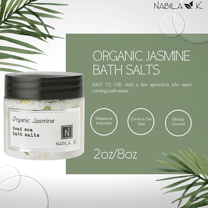 Organic Jasmine Bath Salts by Nabila K - Dead Sea Salt & Epsom Salt Scrub & Soak - Exfoliates & Hydrates Skin, Botanical Essential Oils - Bubble Bath Accessories for All Skins Types, 2 oz-VivaGrace Women