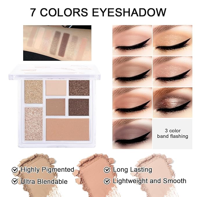 Makeup Kit for Teens Girls, Makeup Present Set for Women, Makeup Full Kit for Beginners, Mini Makeup Bundle Include 7 Latte colors Matte & Shimmer Pigmented Eyeshadow Palette, Eyebrow Powder-VivaGrace Women