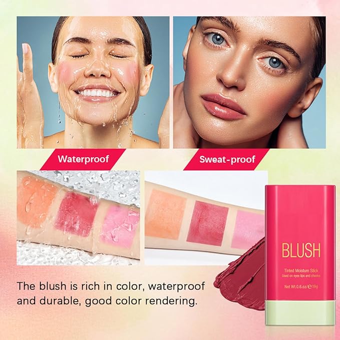 Multi-Purpose Makeup Blush Stick, 3-in-1 Beauty Tinted Solid Blush Stick For Cheeks, Lips And Eyes Waterproof Natural Cream Blush Stick With Long-Lasting Moisturizing Formula (#2Hot Red)-VivaGrace Women