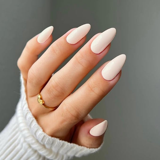 Medium Press on Nails Almond Shaped Fake Nails with Pure Color Designs Apricot Pink Glue on Nails Glossy Full Cover False Nails for Women and Girls
