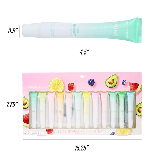 Expressions 12pc Lip Oil Set - Flavored Lip Oils Value Pack, Hydrating Lip Oils w/Squeeze Tube Application, Moisturizing Lip Oil Collection for Everyday Lip Care and Lip Repair (FRUITS)-VivaGrace Women