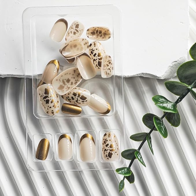 Medium Gold French Tip Press on Nails Almond Fake Nails Nude False Nails with Gold Foil Design Glossy Acrylic Glue on Nails Reusable Artificial Nail Full Cover Sticker on Nails for Women Manicure