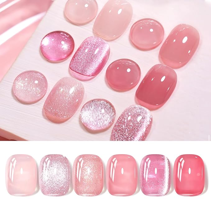 Born Pretty Gel Nail Polish Pink Nude Series,Jelly Transparent,Cat Magnetic Eye,Shimmer Glitter Holographic Pink Nude Gel Polish Kit for Salon Manicure and Nail Art DIY at Home 6Colors-VivaGrace Women