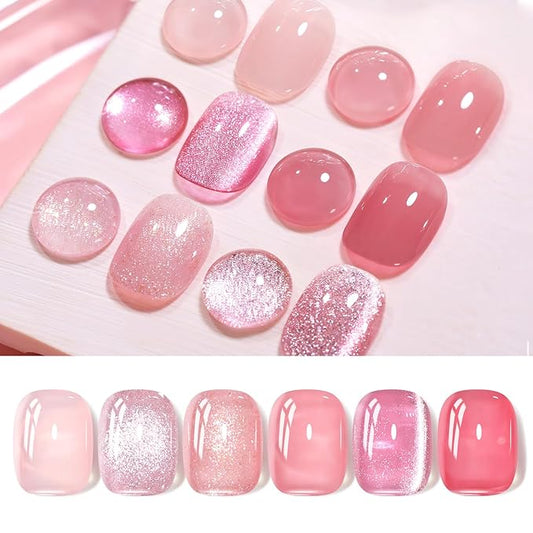 Born Pretty Gel Nail Polish Pink Nude Series,Jelly Transparent,Cat Magnetic Eye,Shimmer Glitter Holographic Pink Nude Gel Polish Kit for Salon Manicure and Nail Art DIY at Home 6Colors-VivaGrace Women