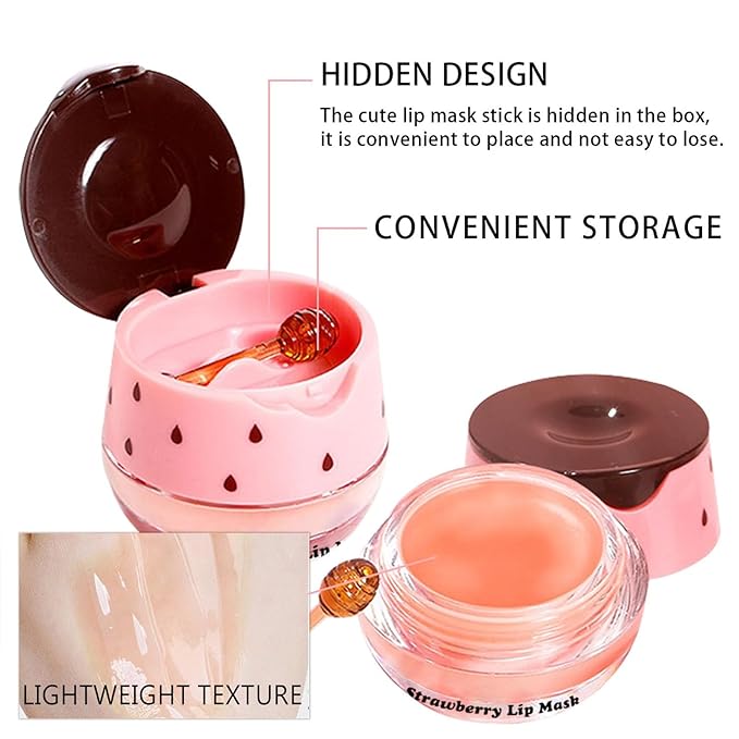 3 PCS Bee Lip Mask Lip Balm Honey Pot, Strawberry & Honey Lip Sleeping Mask Hydrating Prevention Dry and Cracked Lip Scrubs Exfoliator,Lip Mask Overnight Reduces Lip Lines-VivaGrace Women