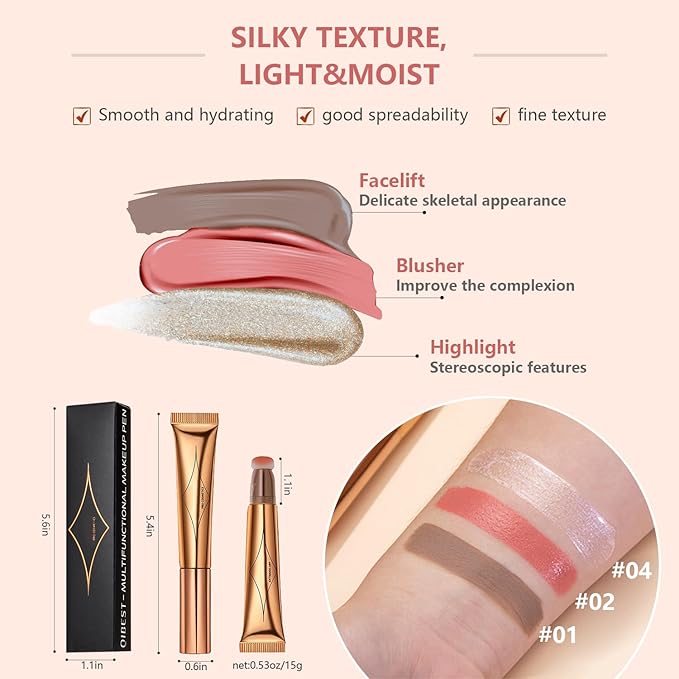 Liquid Contour Beauty Wand Set,Blush Liquid Contour Stick Highlighter Makeup With Cushion Applicator,Long Lasting Smooth Natural Matte Finish,Lightweight Blendable Super Silky Cream Sticks (01#02#04)-VivaGrace Women