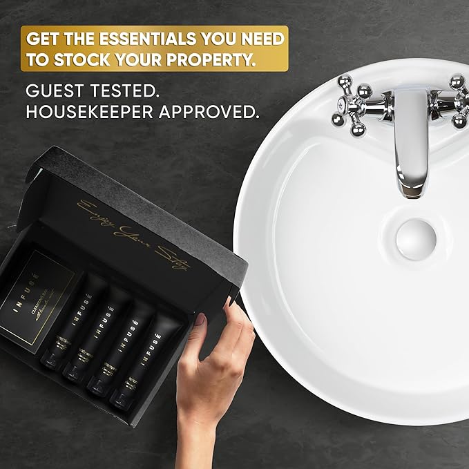 Infuse Black Amenity Kit | Boxed Hotel Toiletries | Bulk Set 1 oz Travel Size Shampoo, Conditioner, Lotion, Body Wash & Cleansing Bar for Guest Hospitality AirBnB/Vacation Rentals | 300 Pieces-VivaGrace Women