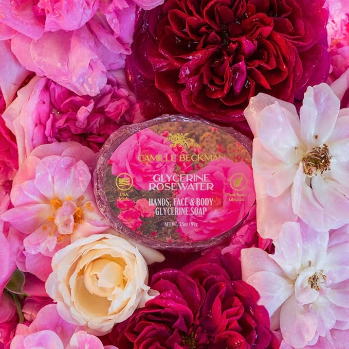 Camille Beckman Essentials Gift Basket, Glycerine Rosewater, Glycerine Hand Therapy 6 oz, Silky Body Cream 13 oz, Hand and Shower Cleansing Gel 13 oz, Glycerine Soap 3.5 oz-VivaGrace Women