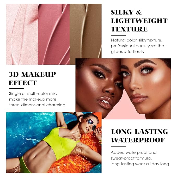 3Pcs Cream Contour Stick Makeup Kit - Cream Blush Stick Highlighter Stick Contour Bronzer Stick for Cheeks, Waterproof Long Lasting Blendable, Contour Stick Trio for Face Makeup (#02, 05, 06)-VivaGrace Women