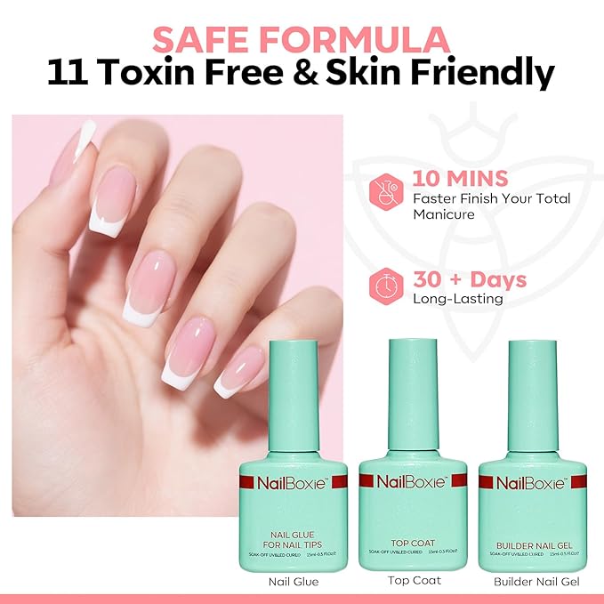 Gel Nail Kit, Top Coat, Nail Builder Gel and Nail Glue for Nail Tips, Press On Nails Kit with LED Light, 150 PCS Long Pink Square, 15 Sizes French Tip Press on Nails-VivaGrace Women