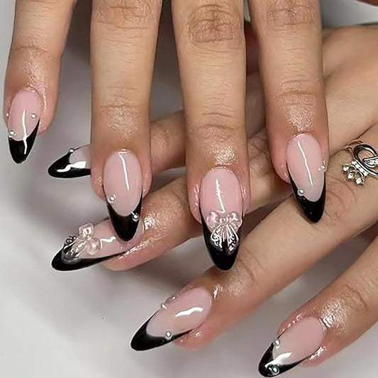 Almond Press on Nails Medium French Tip Fake Nails with Bow Designs Glossy Black Stick on Nails Cute Pearl Glue on Acrylic Nails for Women and Girls