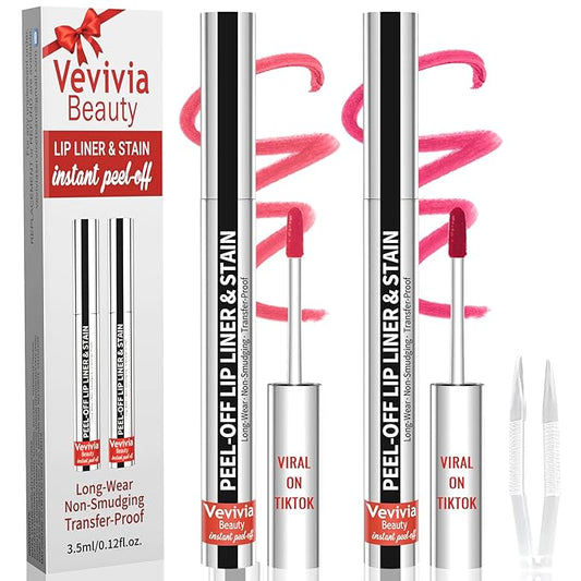 2pcs Lip Stain Peel Off - Lip Liner Stain Long Lasting Waterproof,2-in-1 Lip Liner with Tweezer Nude Matte,Non-Stick Cup,Highly Pigmented，Natural Finish,Stay On All Day,Perfect for Gift (Nude+Rose)-VivaGrace Women