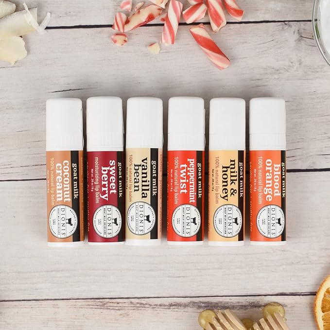 Dionis Goat Milk Lip Balm Deluxe Gift Box Set of 6 Vanilla, Coconut, Milk & Honey, Berry, Peppermint & Blood Orange Scented Chapstick - Shea Butter & Coconut Oil Gifts For Her, Protect & Restore Lips-VivaGrace Women