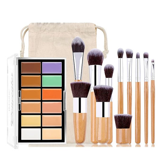 All In One Color Correcting Palette + 8 Makeup Brushes, 3D Cosmetics Cream Contour Highlighting Foundation Makeup Palette Long Lasting for Sculpt &Highlighting, Define Cheekbones-VivaGrace Women