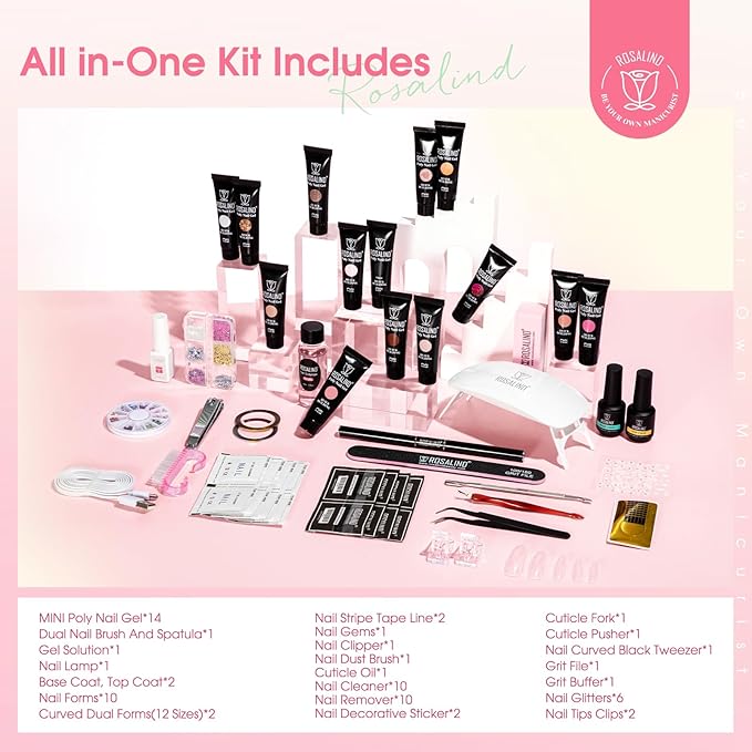 ROSALIND 14 Colors Poly Nail Gel Kit with Mini Nail Lamp Pink Brown Poly Nails Gel Kit Starter Kit With Slip Solution Kit Pink Extensions Gelfor Nail Manicure Beginner-VivaGrace Women