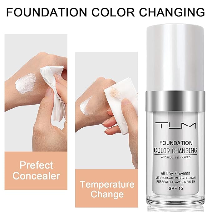 2 PACK TLM Color Changing Foundation Liquid Base,TLM Concealer Cover Cream,All Day Flawless Warm Skin Tone BB Cream Makeup Base Concealer for All Skin SPF15-VivaGrace Women