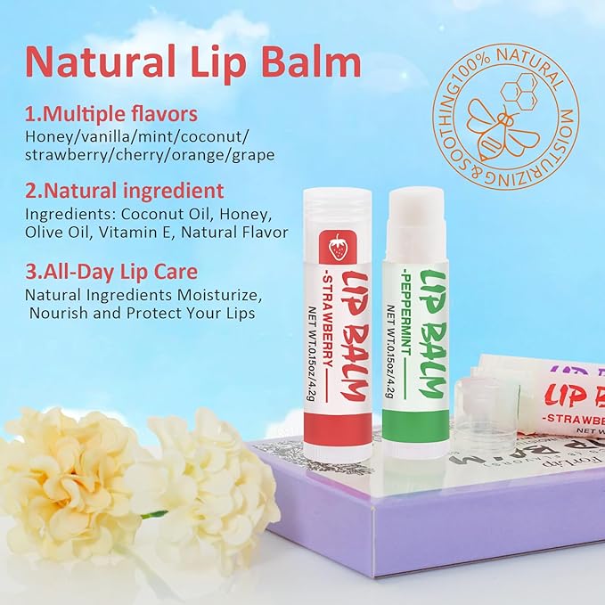 24 Pack Lip Balm, Natural Lip Balm Bulk with Vitamin E and Coconut Oil, Moisturizing Soothing Chapped Lips-8 Flavors-VivaGrace Women