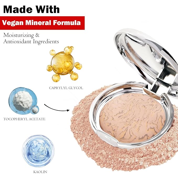Marbleized Baked Foundation Makeup, Balance and Brighten Color Correcting Powder Foundation - Buildable Light to Medium Coverage - Demi-Matte Natural Finish (#003 MEDIUM, 0.32 Oz)-VivaGrace Women