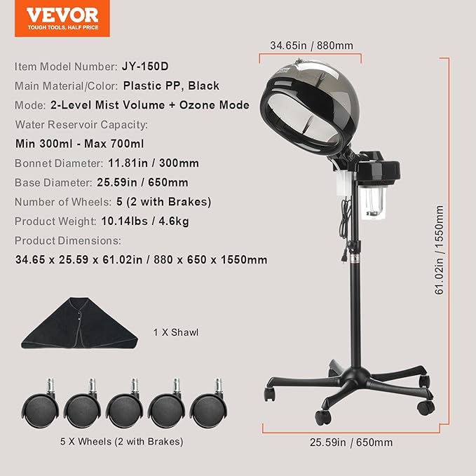 VEVOR Professional Hair Steamer for Deep Conditioning, 11.81-inch Hooded Ionic Hair Steamer with 2 Modes, Height-Adjustable Standing Hair Steamer with Timer, 5 Wheels (2 Lockable) for Salon Home Spa-VivaGrace Women