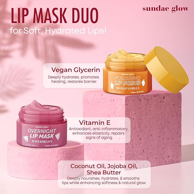 Mango, Vanilla & Watermelon Duo Lip Mask & Scrub - Dermatologist Tested, Anti-Aging, Korean Skin Care, Deep Hydration - Smooth, Soft & Plump Lips - Clean Beauty, Vegan, Non-GMO - 1 Pack-VivaGrace Women
