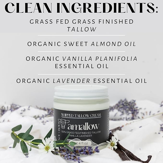 Amallow 100% Grass Fed Beef Tallow for Skin Care - Face + Body - Whipped Moisturizer - Natural Lotion, 4 FL. oz. (Vanilla Lavender)-VivaGrace Women