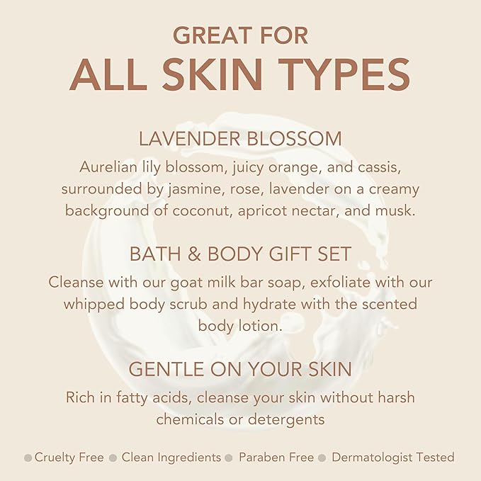 Dionis Goat Milk Skincare Lavender Blossom 3 Piece Self Care Essentials Gift Set - Bar Soap, Hand & Body Cream & Whipped Chamomile Sugar Body Scrub In Recyclable Box - Exfoliate & Moisturize Dry Skin-VivaGrace Women