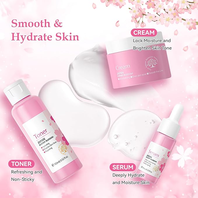 Skin Care Set, Cherry Blossom Skin Care Sets & Kits, Skin Care for Teenage Girls Gift Set with Cleanser, Toner, Serum, Eye Cream, Facial Cream, Facial Skin Care Sets & Kits for Teenage Girls Women-VivaGrace Women