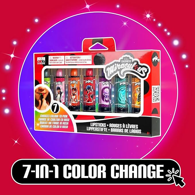 Miraculous Ladybug Cosmetic Lipstick Set - 7 Fruit Scented Color-Changing Lipsticks for Kids - Transforming Lipsticks Turn Pink - Magic Lipsticks Gift Set - Safe & Fun Makeup Kit-VivaGrace Women