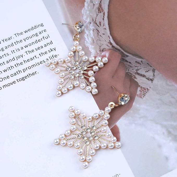 Vintage Pearl Star Drop Earrings Crystal Star Dangle Earrings Gold Rhinestone Stud Earrings Bohemian Large Star Statement Earrings Jewelry for Women and Girls Gifts-VivaGrace Women