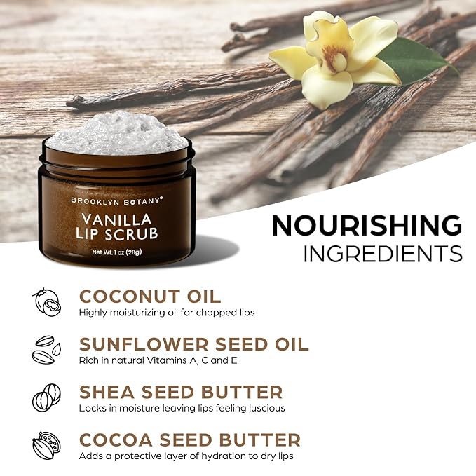 Brooklyn Botany Lip Scrub Exfoliator 1 oz – Lip Moisturizer for Dry Lips and Chapped Lips – Gentle Lip Exfoliator for Smooth and Brighter Lips – Vanilla Flavor-VivaGrace Women