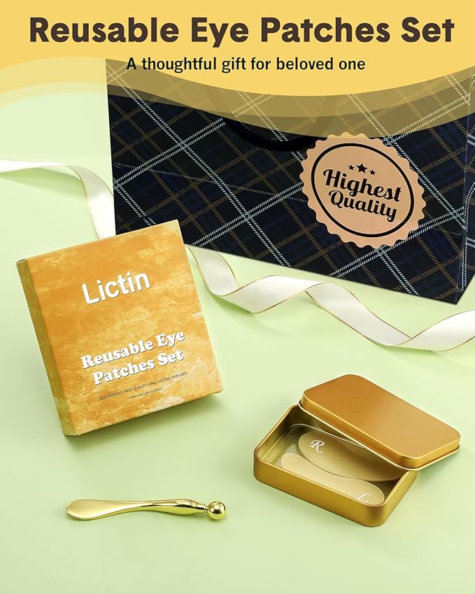 Lictin Reusable Eye Patches, Silicone Under Eye Patches with Lifting Effect to Relieve Wrinkles and Fine Lines, Pair with Metal Eye Cream Applicator,Tin Case-VivaGrace Women